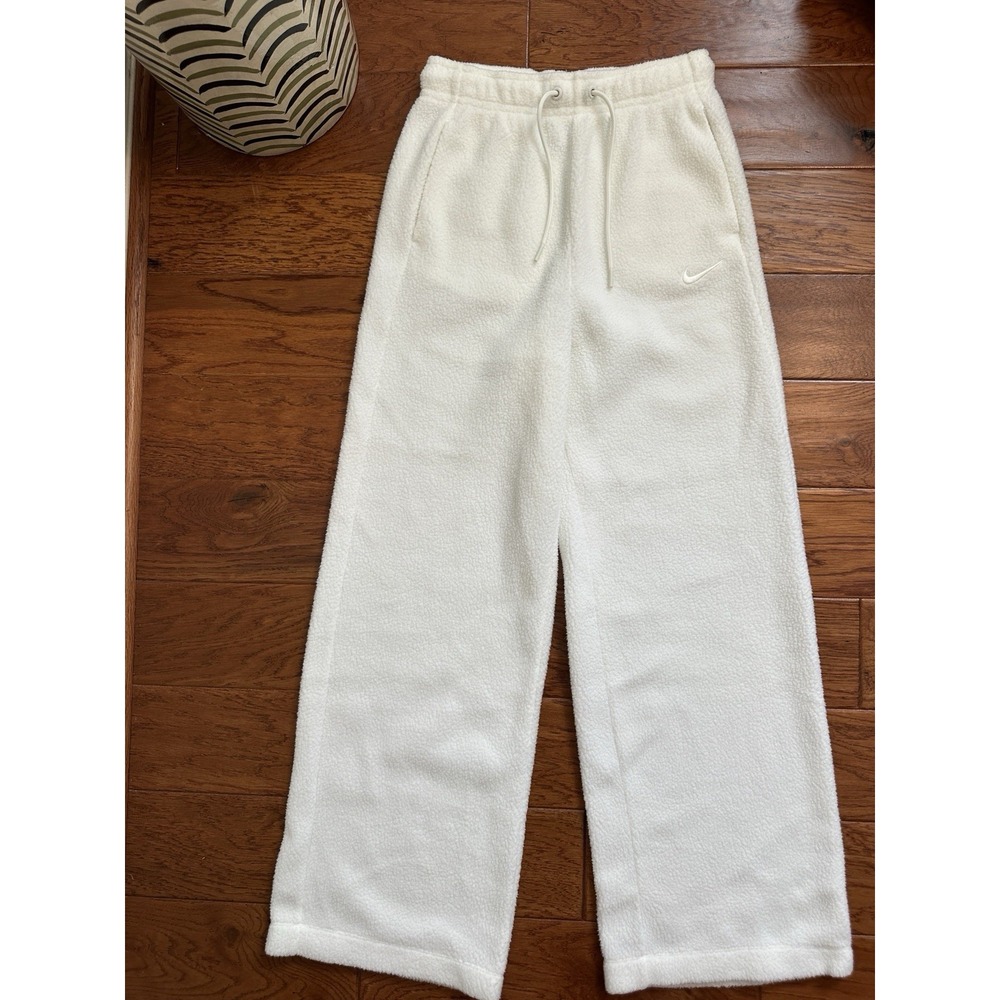 Nike Womens S White Cream Plush Sherpa Fleece Wide Leg Sweatpants Swoosh Pants